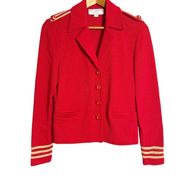 St. John Collection Red Knit Gold Stripe Trim Notch Collar Button Front Jacket 2